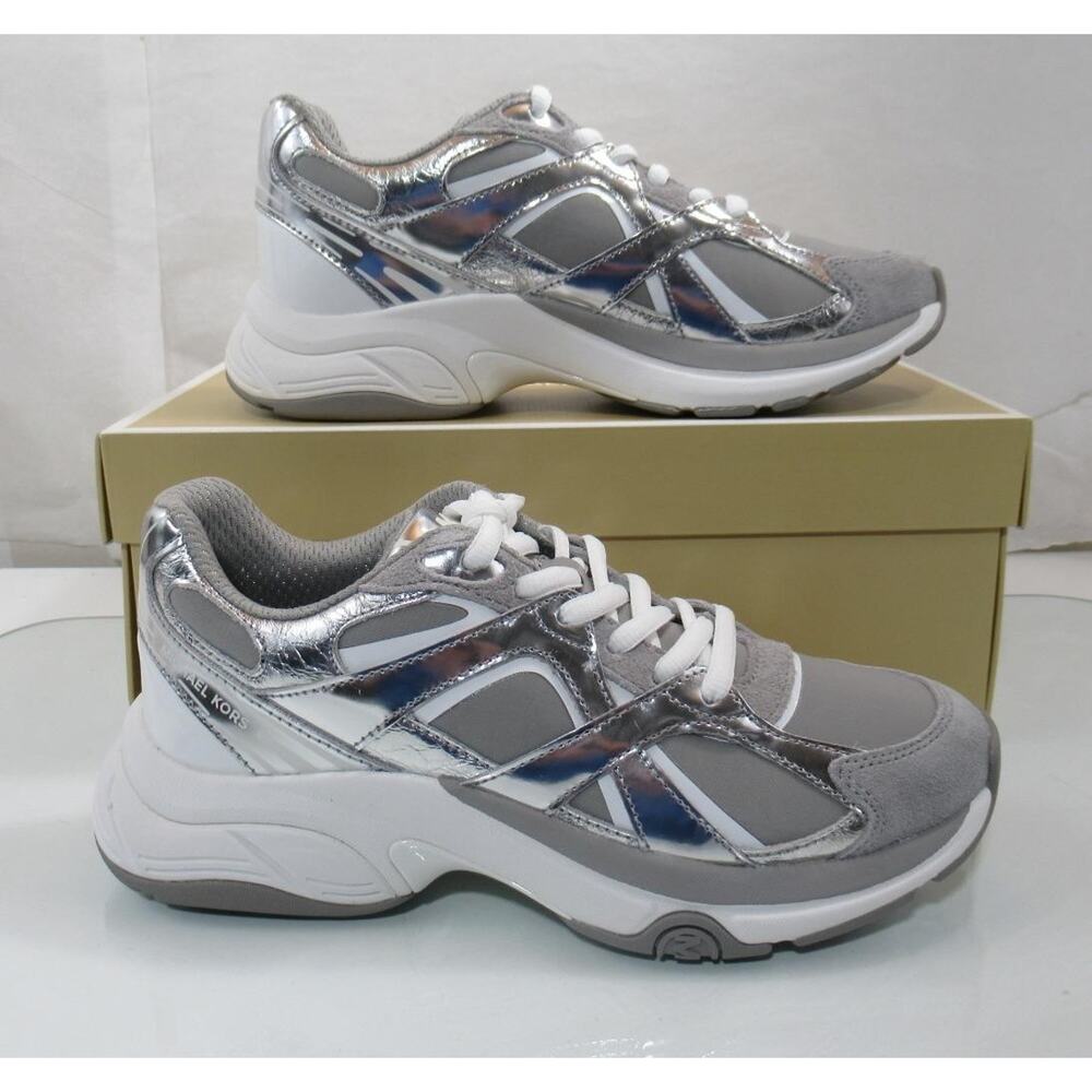 Michael Kors Leo Trainer Lace Up Sneakers MK Signature Silver - Picture 3 of 11